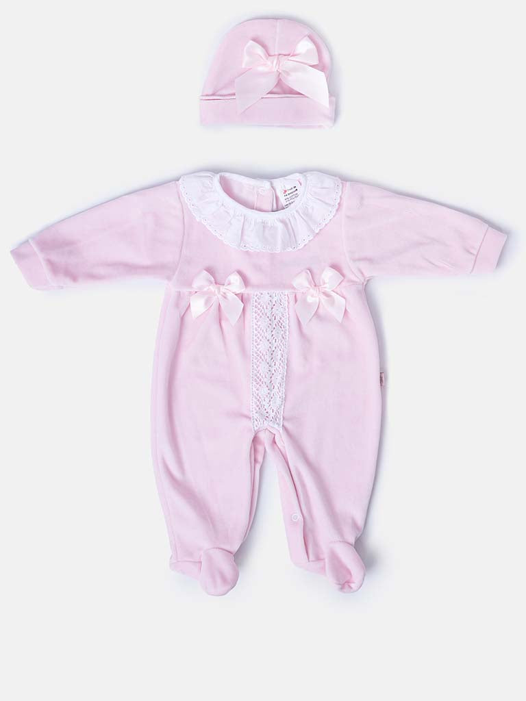 Baby Girl Sleepsuit with Matching Hat, Lace & Bows-Baby Pink