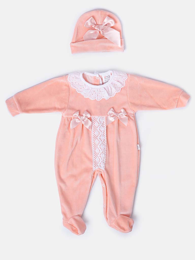 Baby Girl Sleepsuit with Matching Hat, Lace & Bows-Orange