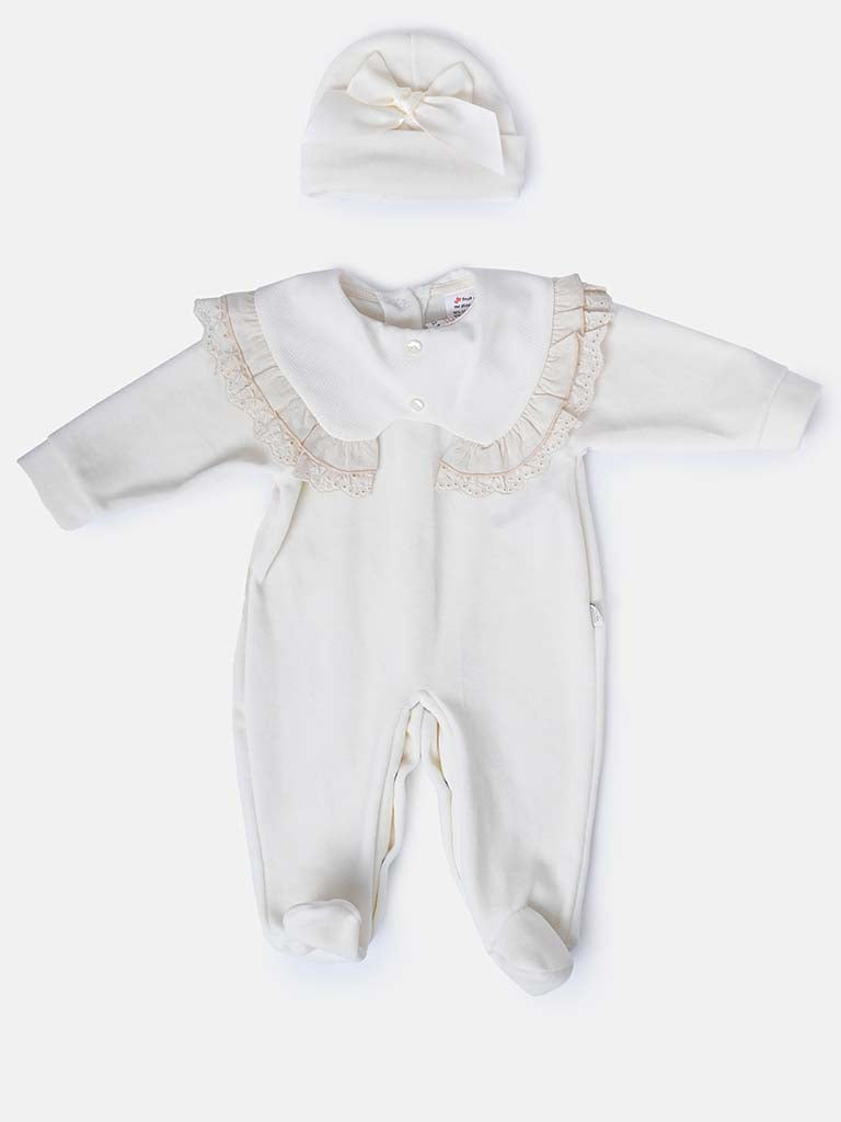 Baby Girl Sleepsuit with Matching Hat and Ruffles - Cream