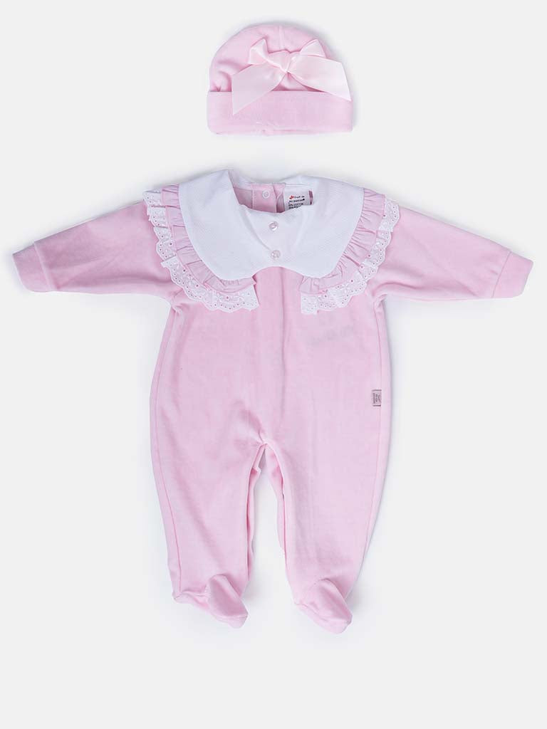 Baby Girl Sleepsuit with Matching Hat and Ruffles - Baby Pink