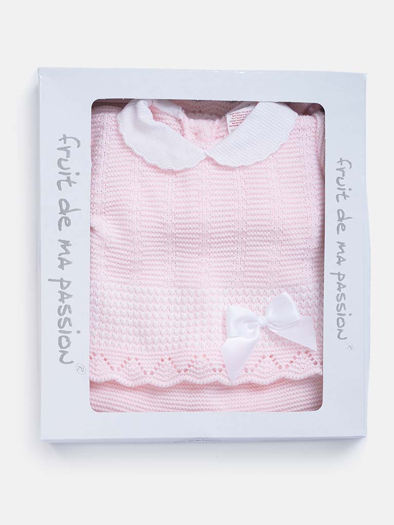 Baby Girl 3-piece Line Knitted Gift Box Set & Bonnet - Pink