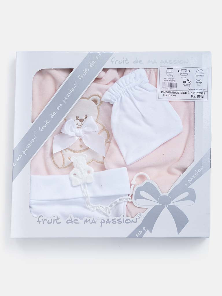Baby Girl 5-piece Teddy Gift Box Set - Light Coral