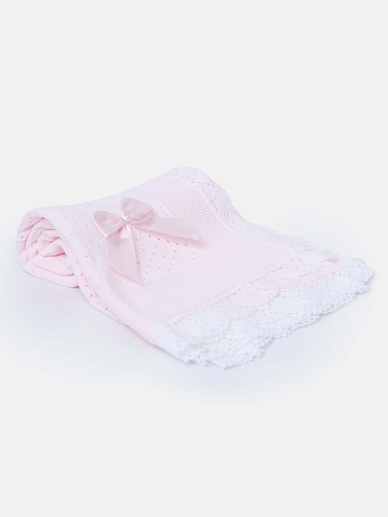 Baby Knitted Spanish Blanket with Big Bow - Baby Pink