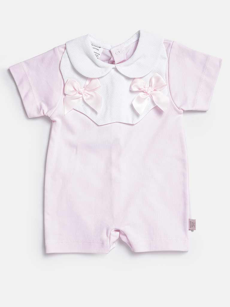 Baby Girl Summer Sleepsuit with Bows-Baby Pink & White