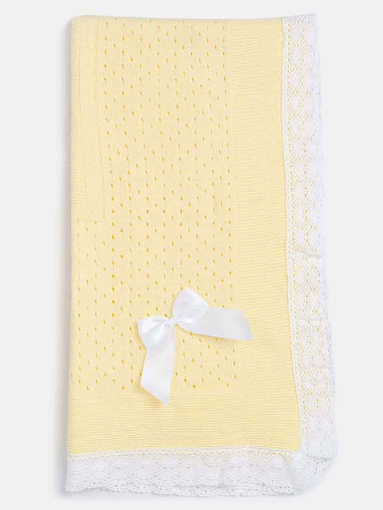 Baby Open Dot Knitted Spanish Blanket with Bow-Yellow