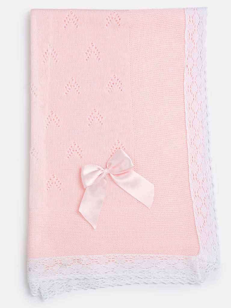 Baby Double Arrow Knitted Spanish Blanket with Bow-Pink