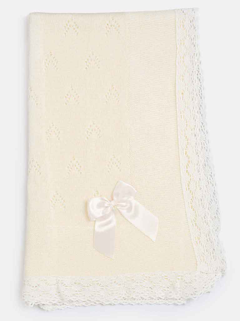 Baby Double Arrow Knitted Spanish Blanket with Bow-Ivory