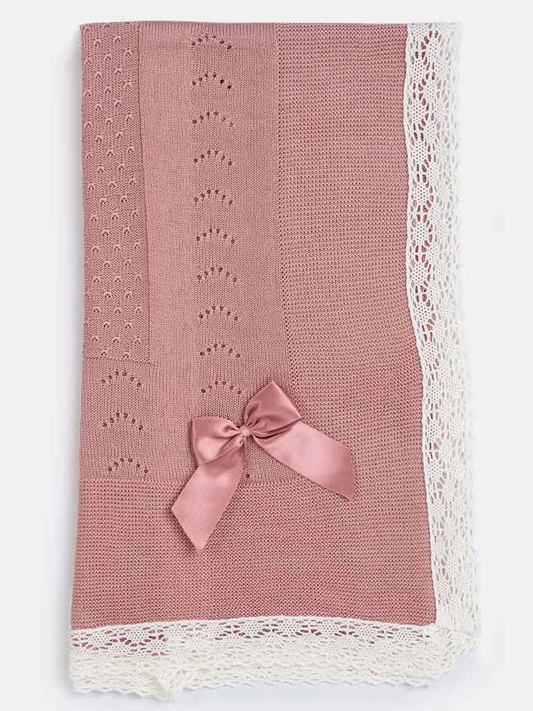 Baby Arrow Knitted Spanish Blanket with Bow-Dusty Pink