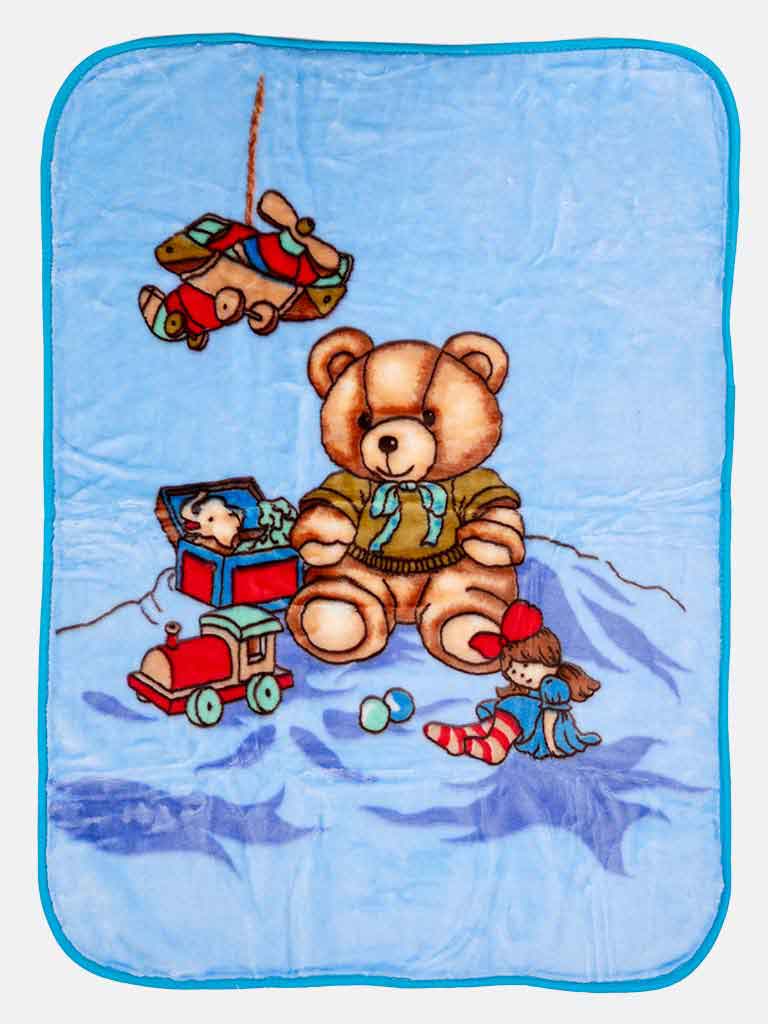 Baby Boy Teddy & Toys Fleece Pram Blanket - Baby Blue