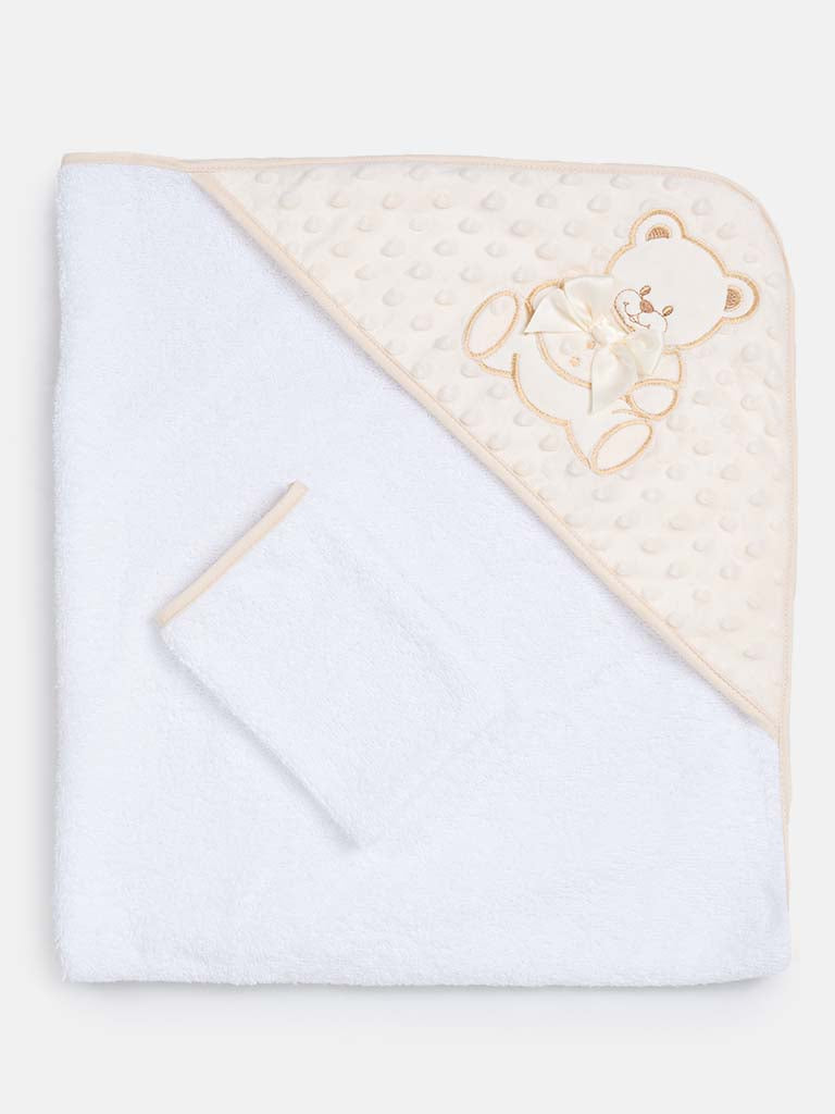 Baby Hooded Teddy Towel Set with Wash Cloth - White & Ivory