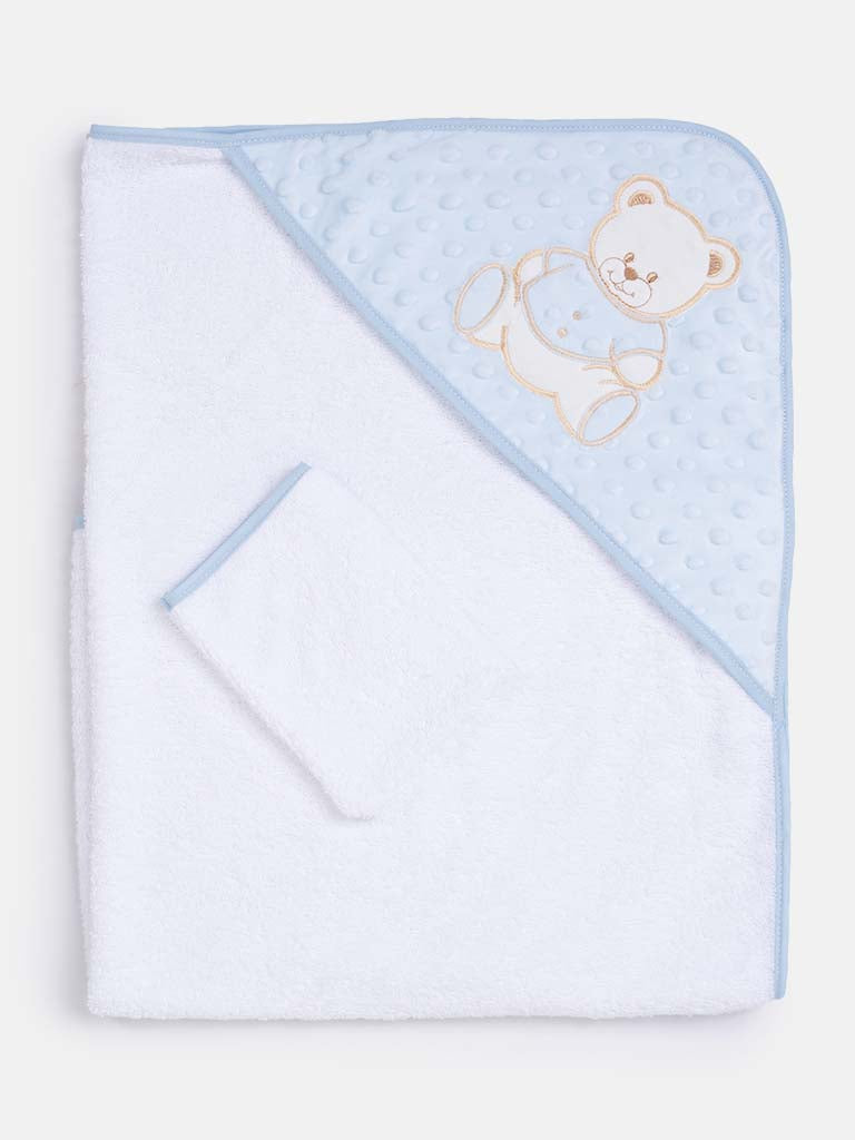 Baby Hooded Teddy Towel Set with Wash Cloth - White & Blue