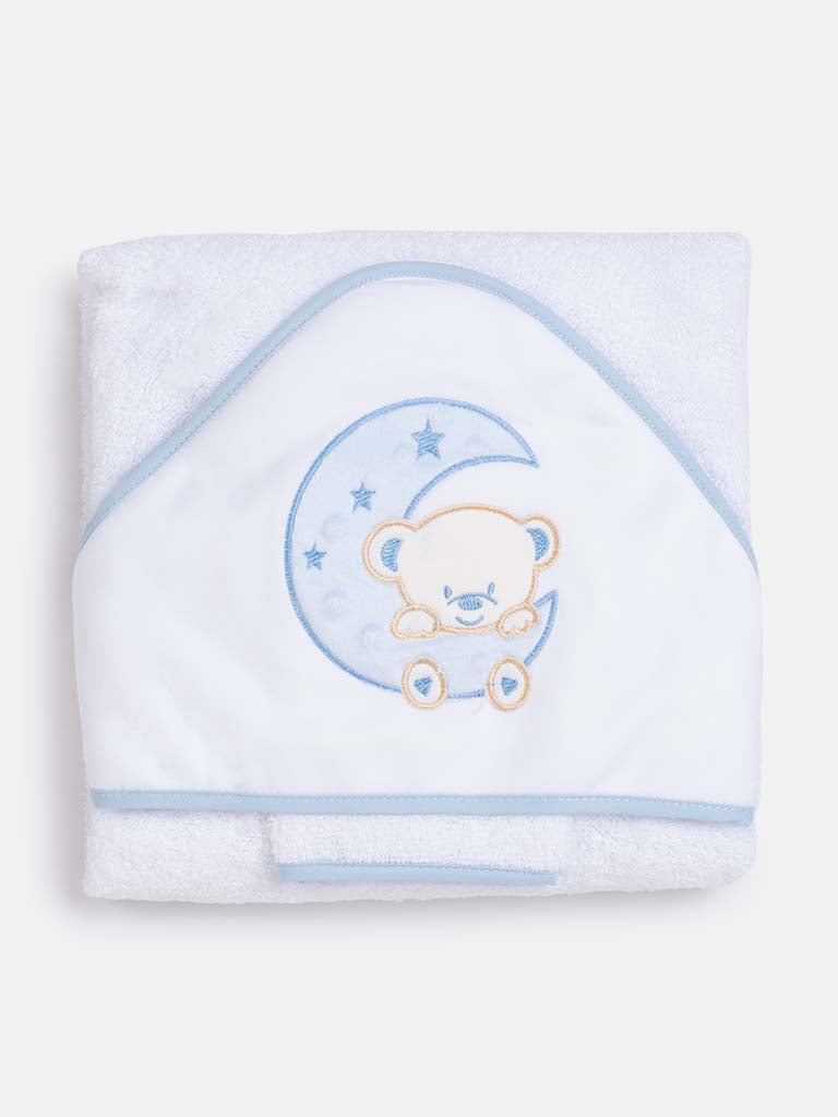 Baby Hooded Moon Teddy Towel Set with Washcloth-White & Blue