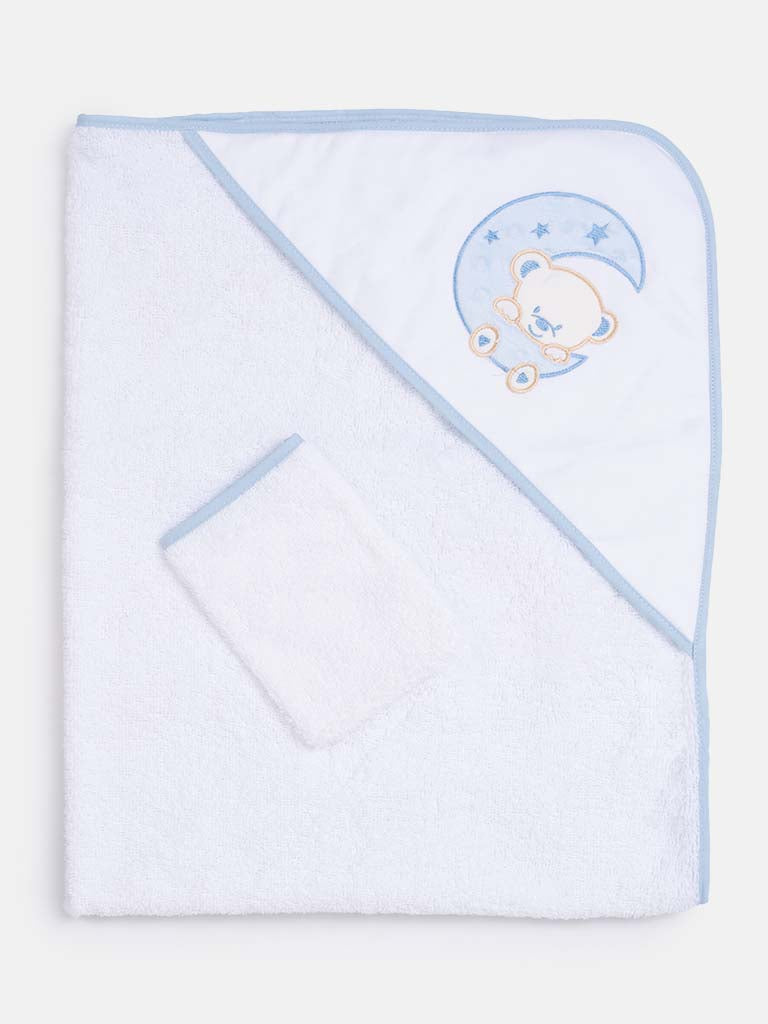 Baby Hooded Moon Teddy Towel Set with Washcloth-White & Blue