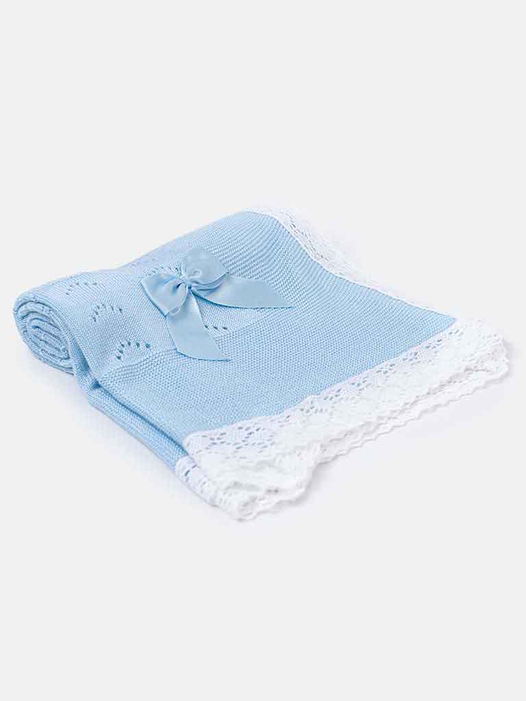 Baby Arrow Knitted Spanish Blanket with Bow- Baby Blue
