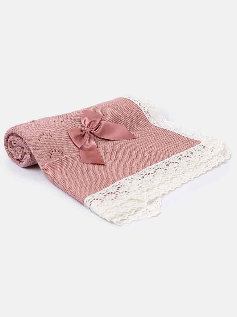 Baby Arrow Knitted Spanish Blanket with Bow-Dusty Pink