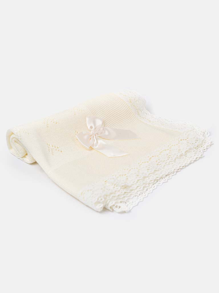 Baby Double Arrow Knitted Spanish Blanket with Bow-Ivory