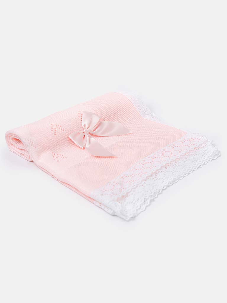 Baby Double Arrow Knitted Spanish Blanket with Bow-Pink