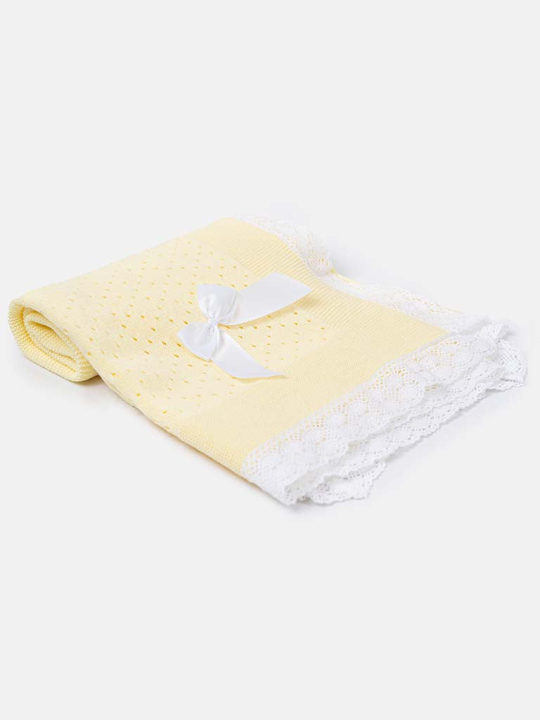 Baby Open Dot Knitted Spanish Blanket with Bow-Yellow