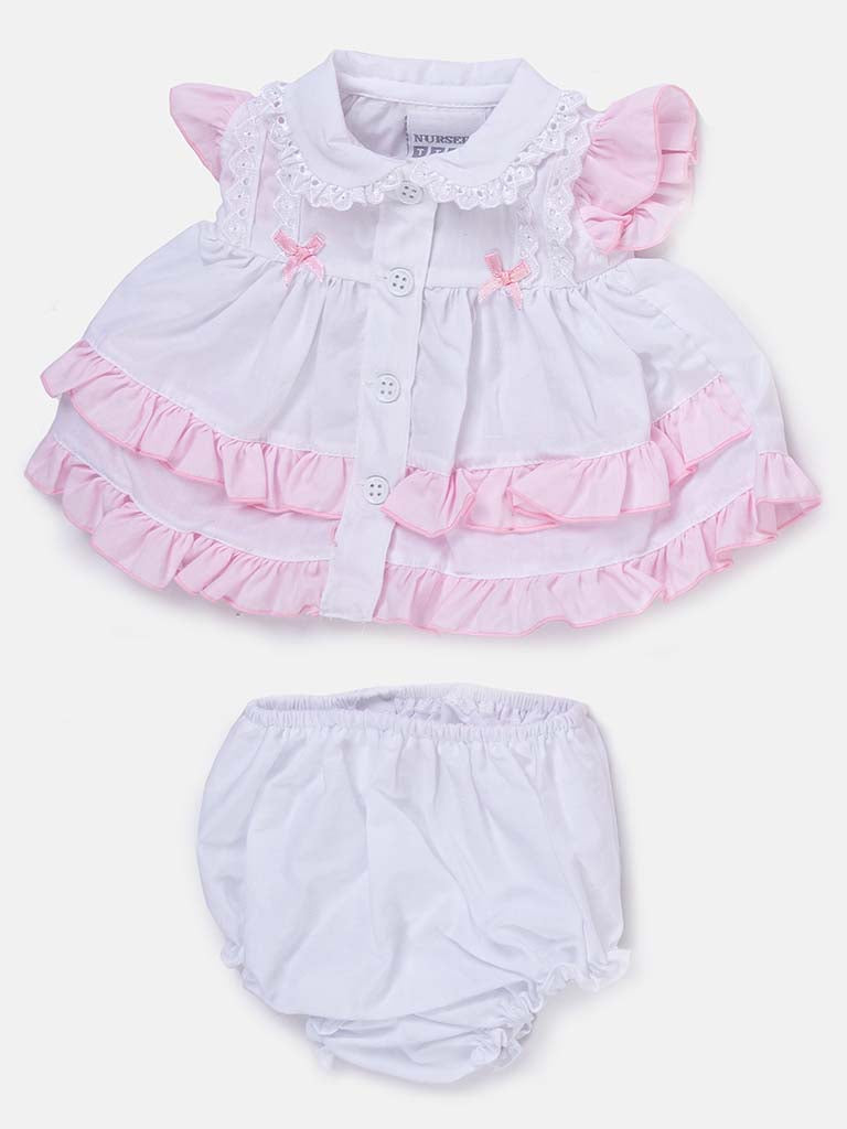 Tiny Baby Girl Bows and Ruffles Dress - White & Pink