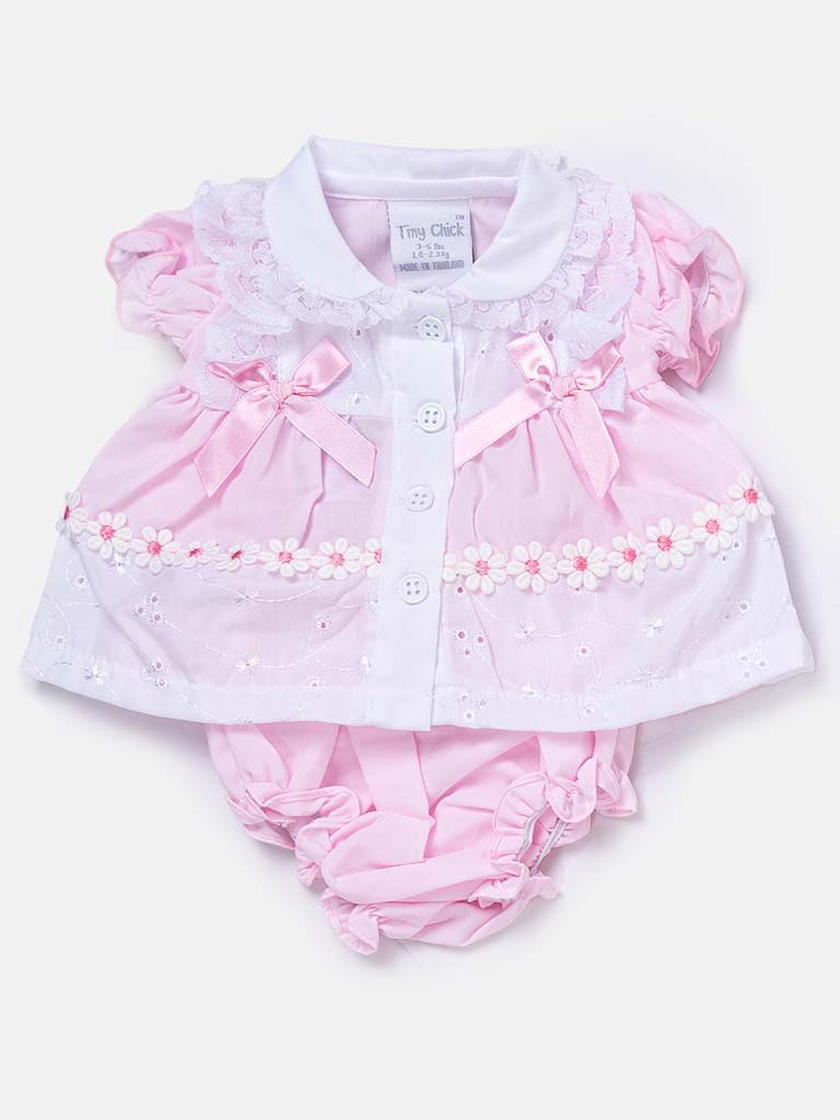 Tiny Baby Girl Daisy Dress with Bows and Lace - Pink