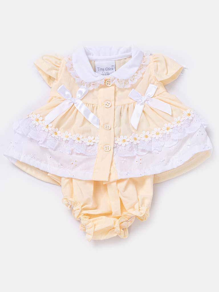 Tiny Baby Girl Daisy Dress with Bows and Lace - Yellow