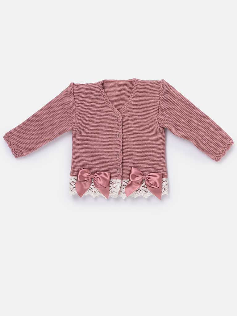 Baby Girl Dusty Pink Cardigan with Bows and Lace