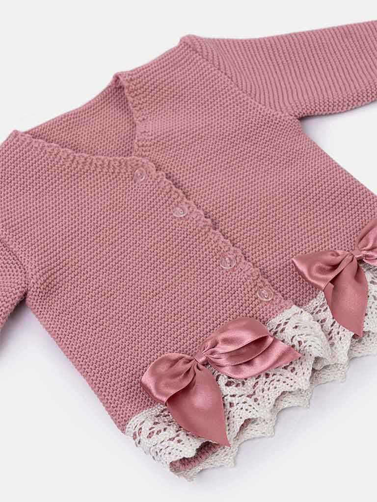 Baby Girl Dusty Pink Cardigan with Bows and Lace