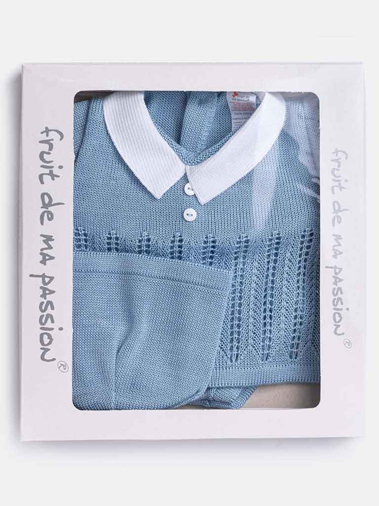 Baby Boy 3 Piece Open Line Knit Gift Box Set-Blue