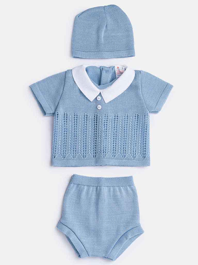 Baby Boy 3 Piece Open Line Knit Gift Box Set-Blue