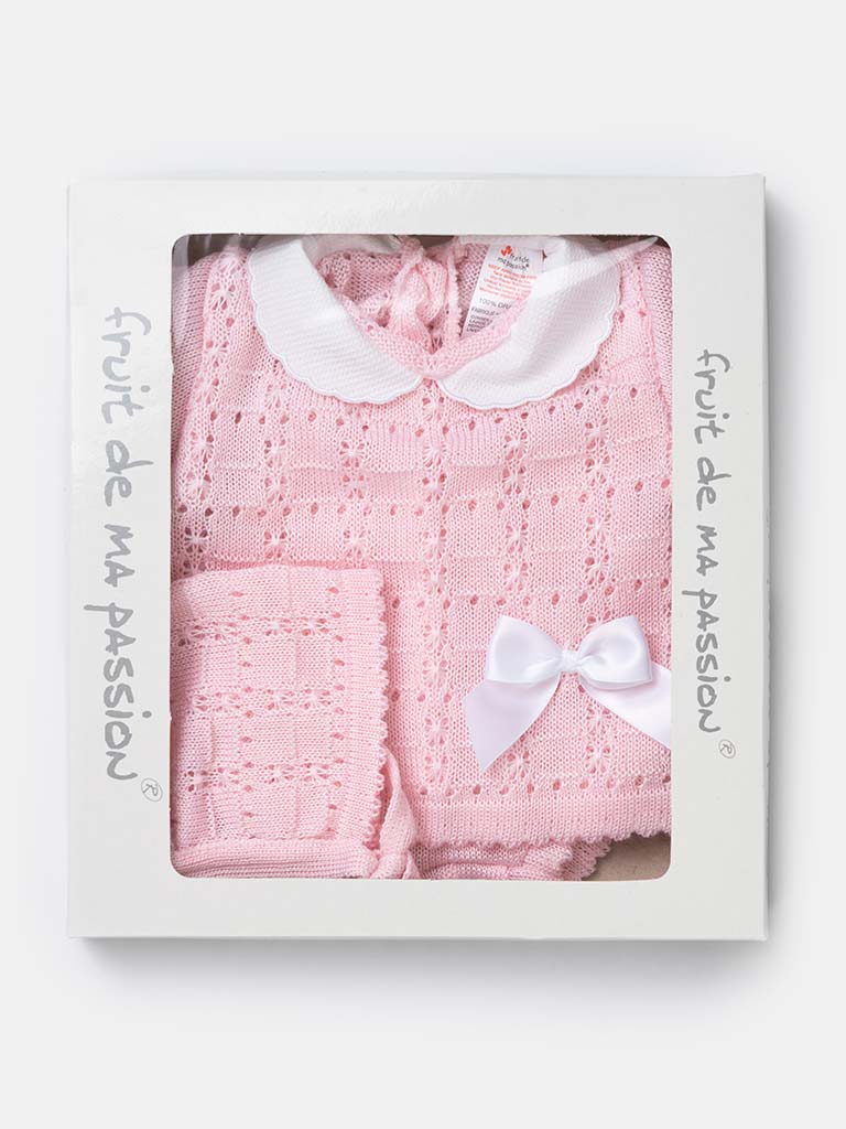Baby Girl 3-piece Knitted Gift Box Set with Bow-Baby Pink