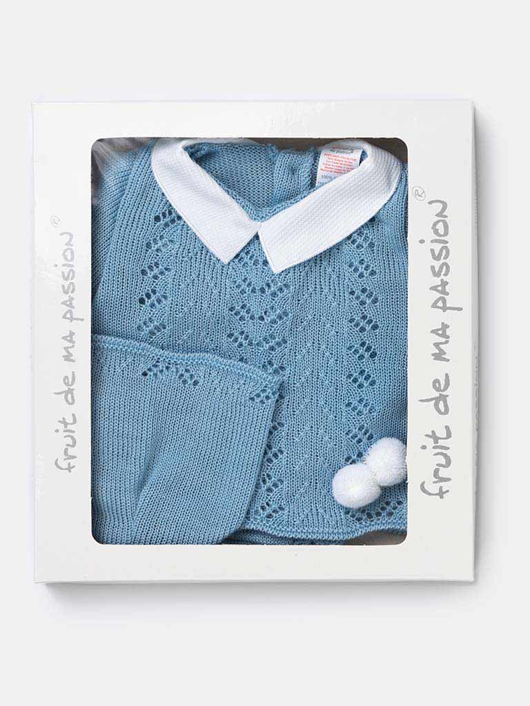 Baby Boy 3-piece Pom-pom Knitted Gift Box Set -Blue