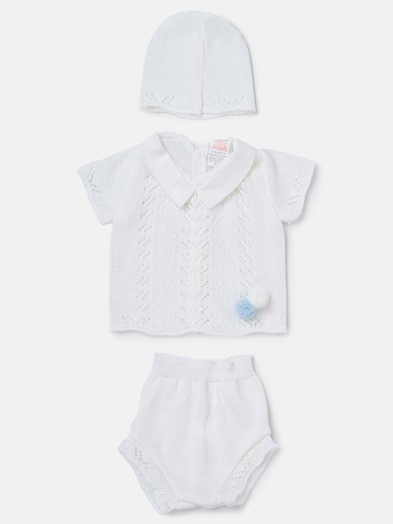 Baby Boy 3-piece Pom-pom Knitted Gift Box Set -White