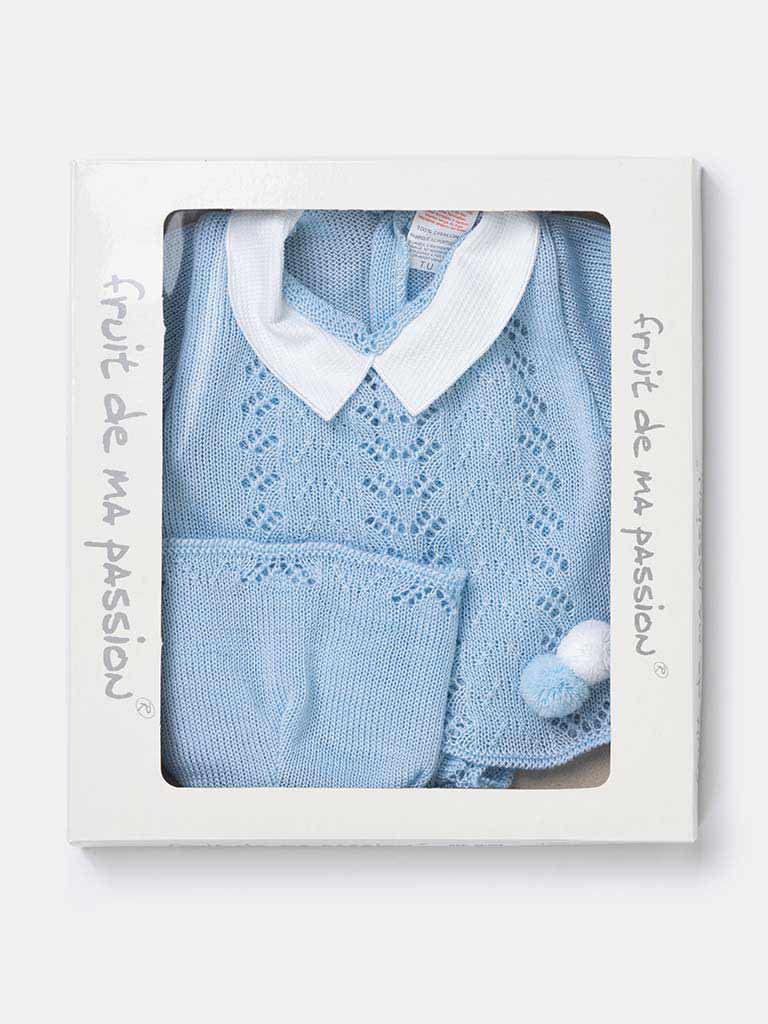 Baby Boy 3-piece Pom-pom Knitted Gift Box Set -Baby Blue