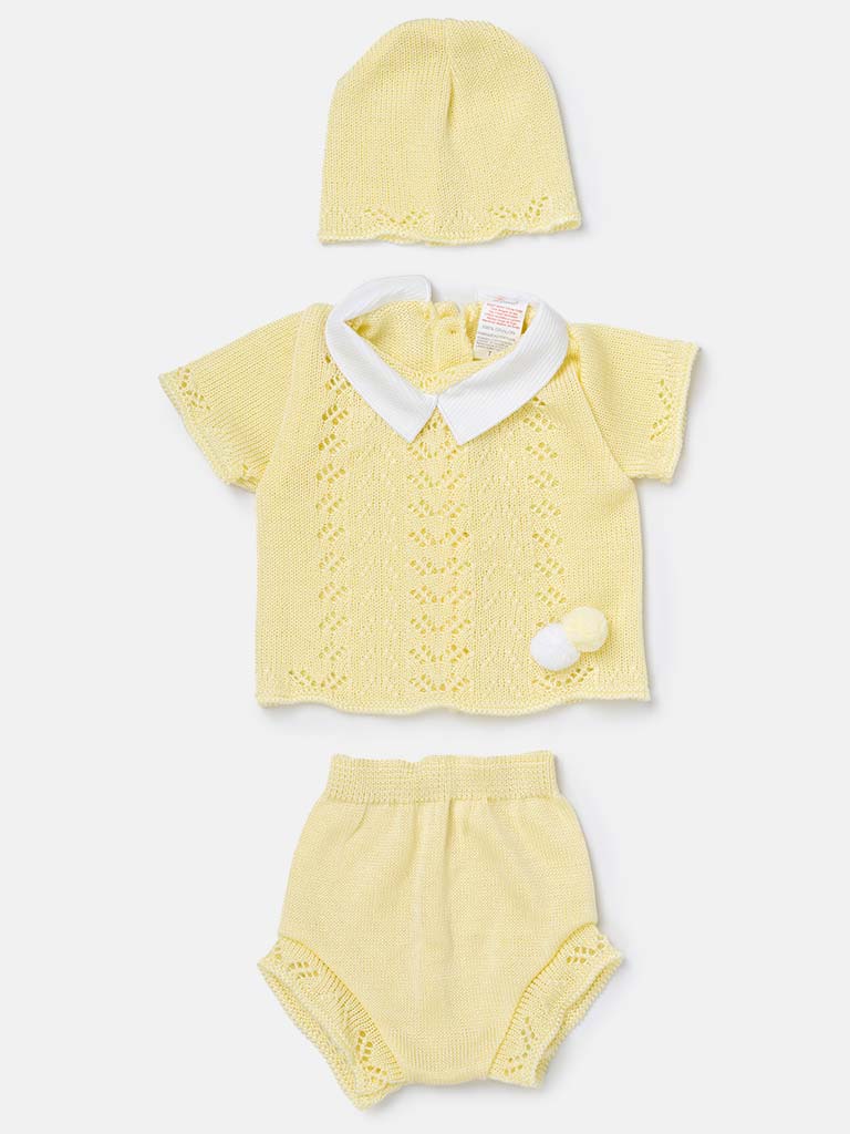 Baby Boy 3-piece Pom-pom Knitted Gift Box Set -Lemon Yellow