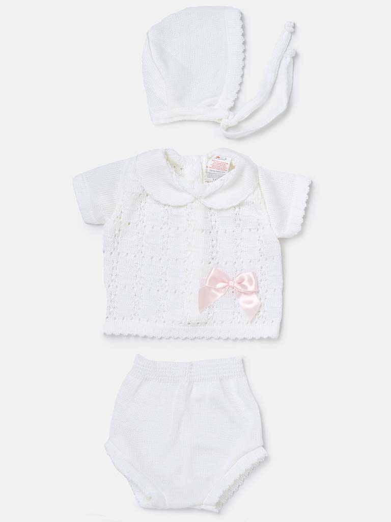 Baby Girl 3-piece Knitted Gift Box Set with Bow-White