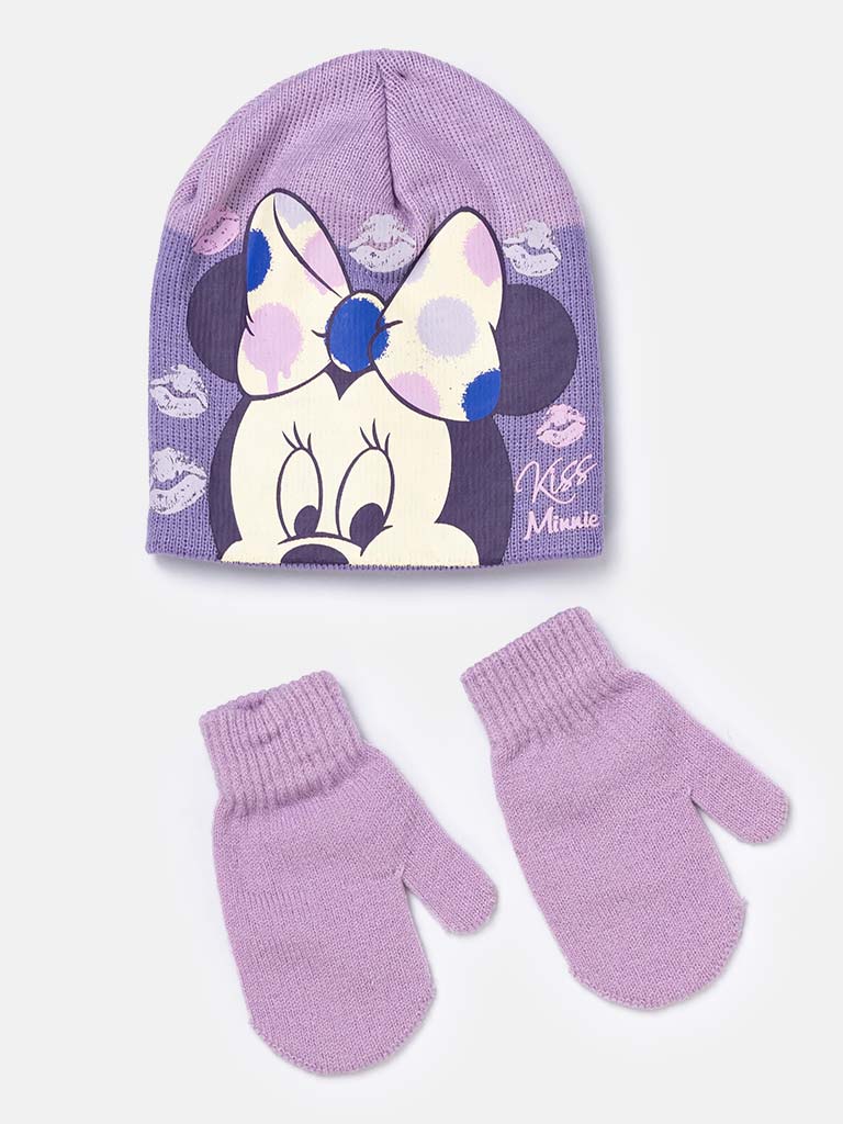 Minnie Mouse Baby Girl Knitted Hat & Mittens Set-Purple