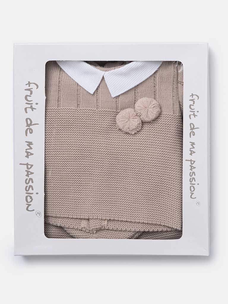 Baby Boy 3-piece Pom-pom Knitted Gift Box Set-Beige