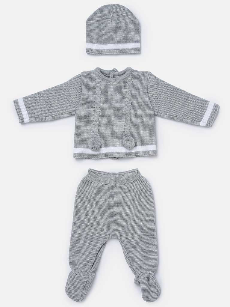 Baby Boy 3-piece Pom-pom Knitted Gift Box Set-Grey