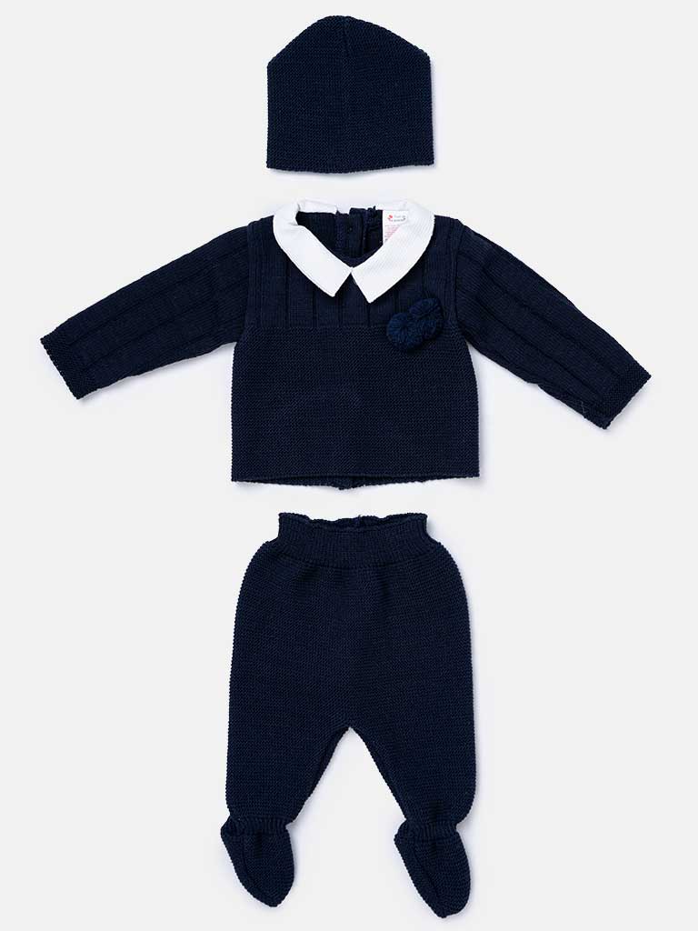 Baby Boy 3-piece Pom-pom Knitted Gift Box Set-Navy Blue