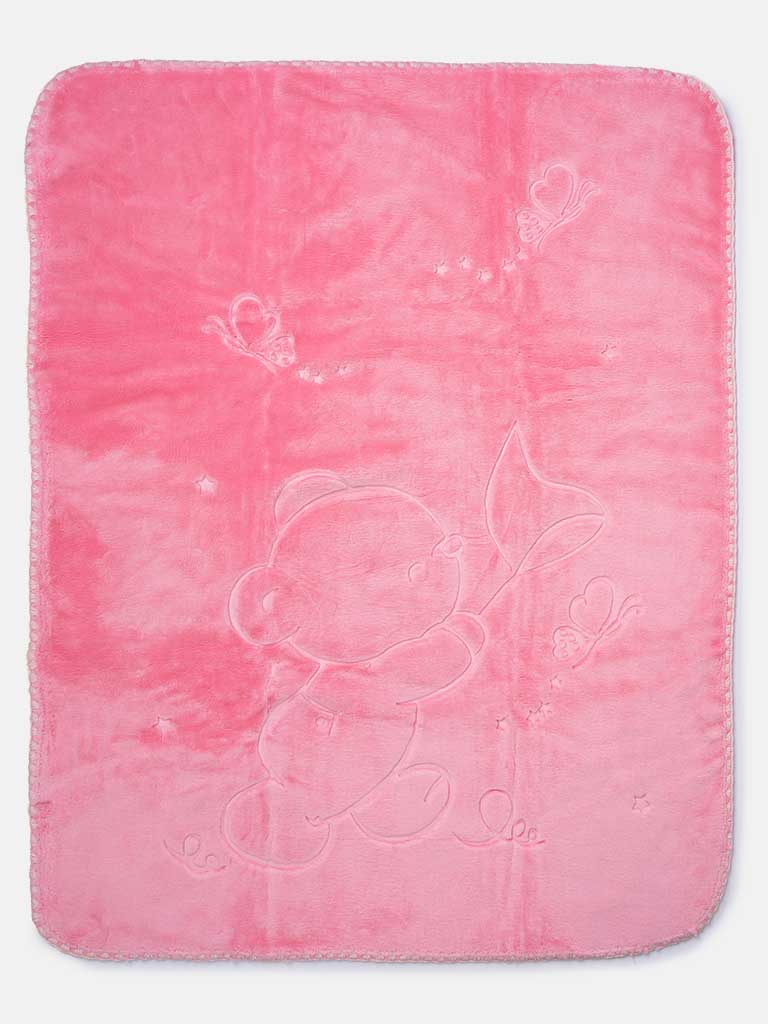 Baby Girl Teddy & Butterfly Soft Fleece Pram Blanket - Pink