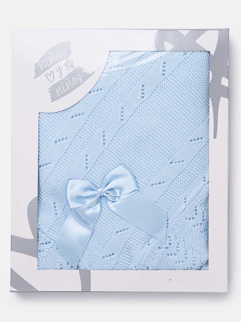Baby Spanish Luxury Knitted Shawl with Bow- Baby Blue