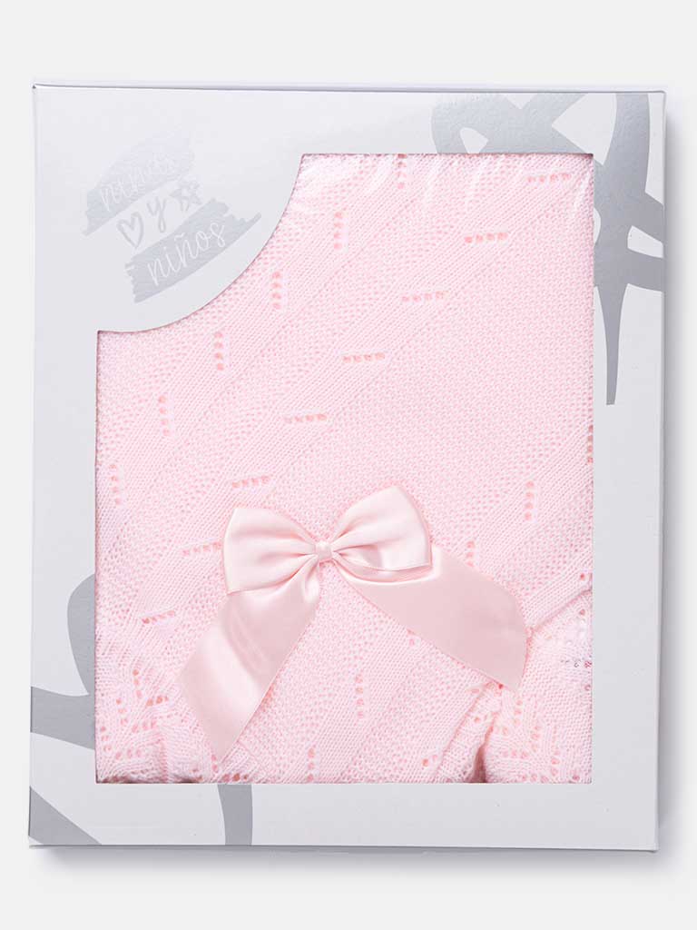 Baby Spanish Luxury Knitted Shawl with Bow- Baby Pink