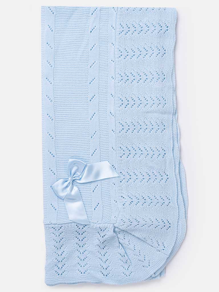 Baby Spanish Luxury Knitted Shawl with Bow- Baby Blue