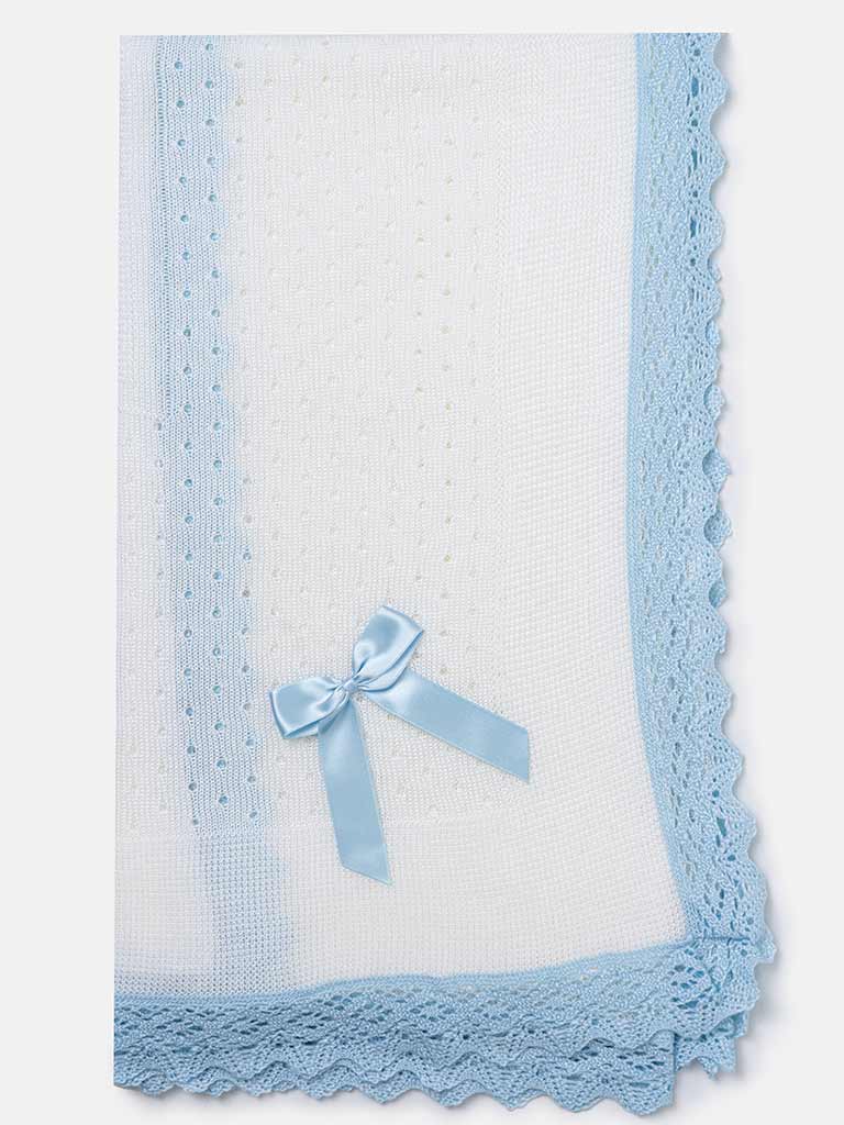 Baby Open Dot Knitted Spanish Blanket with Bow - White and Baby Blue