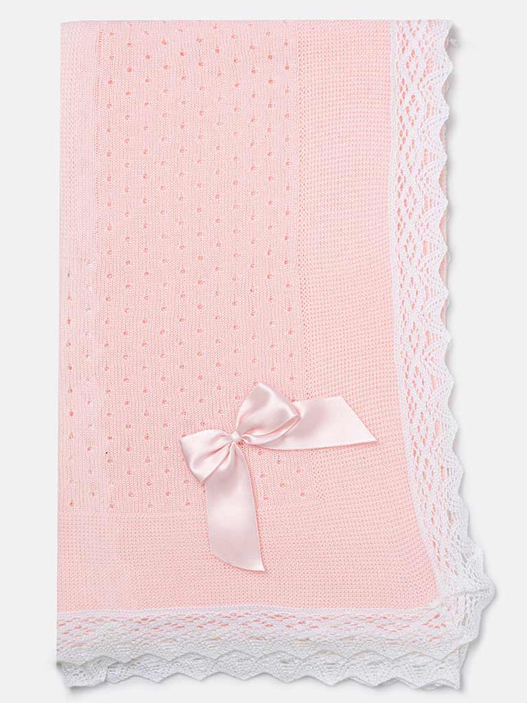 Baby Double Arrow Knitted Spanish Blanket with Bow-Pink