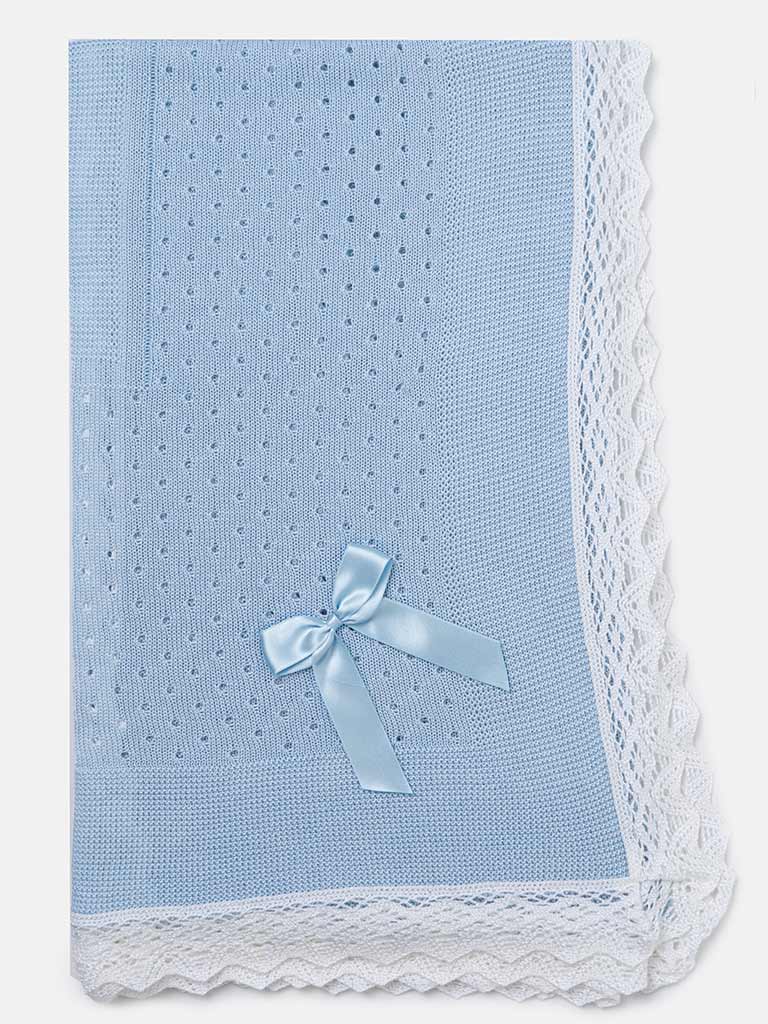 Baby Open Dot Knitted Spanish Blanket with Bow- Baby Blue