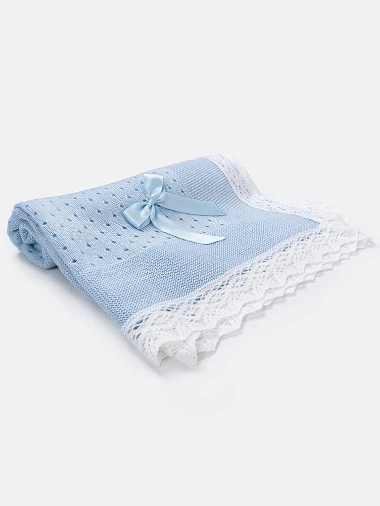 Baby Arrow Knitted Spanish Blanket with Bow- Baby Blue