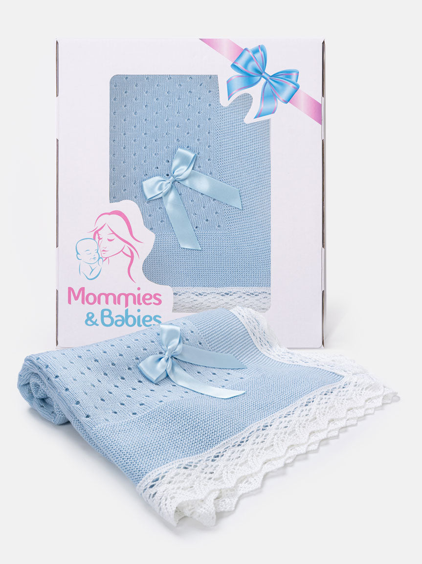 Baby Open Dot Knitted Spanish Blanket with Bow- Baby Blue