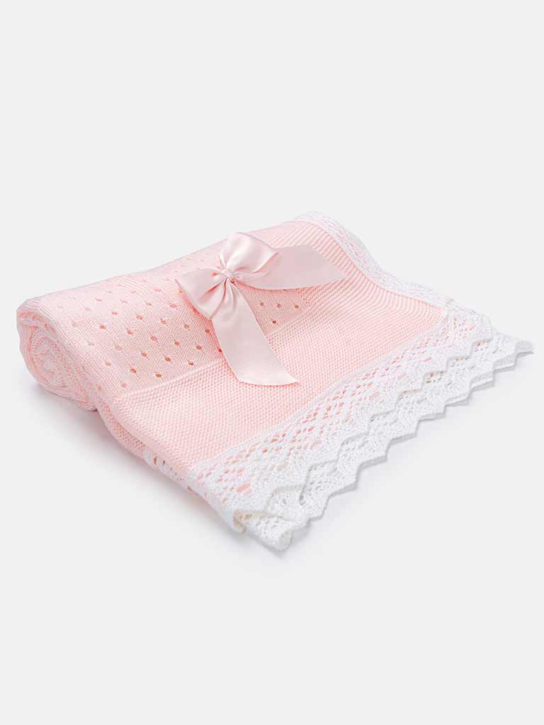 Baby Double Arrow Knitted Spanish Blanket with Bow-Pink