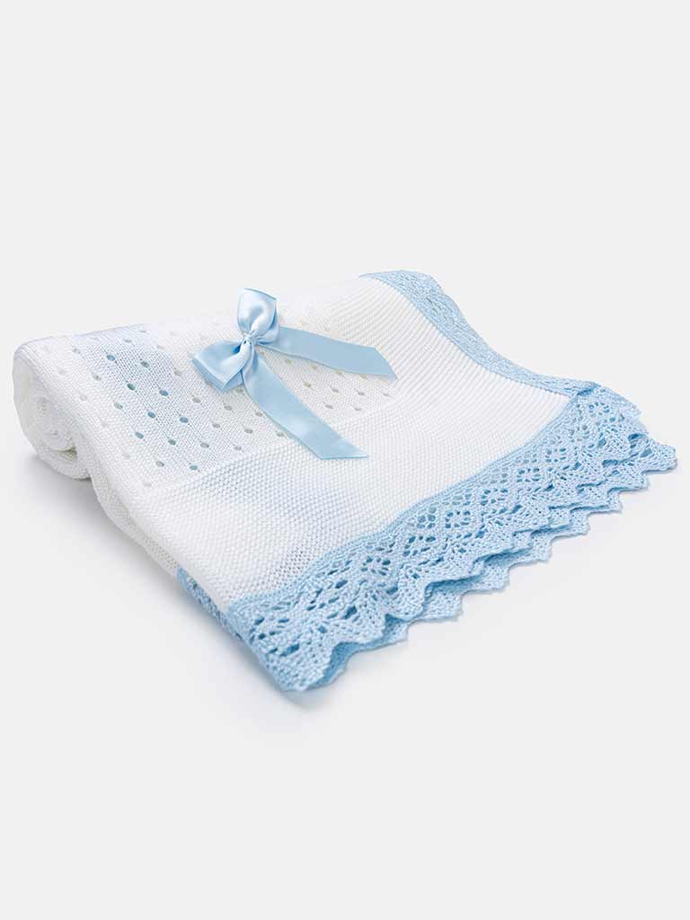 Baby Open Dot Knitted Spanish Blanket with Bow - White and Baby Blue